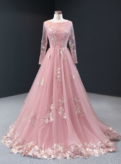  Wonderful Pink Tulle Appliques Sequins Long Sleeve Long Prom Dress 2020