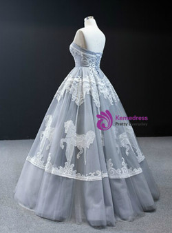 Fashion Gray Ball Gown Tulle Appliques Embroidery Strapless Long Prom Dress Fashion Gray Ball Gown Tulle Appliques Embroidery Strapless Long Prom Dress