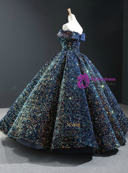 Vintage Purple Gold Ball Gown Sequins Off the Shoulder Prom Dress 2020