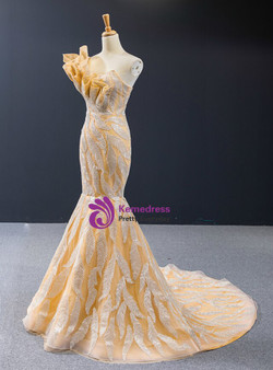 Sexy Gold Mermaid Tulle Sequins One Shoulder Sleeveless Prom Dress 2020