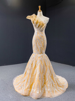 Sexy Gold Mermaid Tulle Sequins One Shoulder Sleeveless Prom Dress 2020