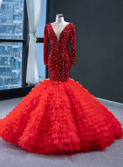 Fancy Red Mermaid Sequins Tulle Long Sleeve See Through V-neck Tiers Prom Dress 2020 Fancy Red Mermaid Sequins Tulle Long Sleeve See Through V-neck Tiers Prom Dress 2020