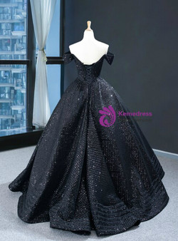 Trendy Black Ball Gown Sequins Hi Lo Off the Shoulder Sleeve Prom Dress 2020