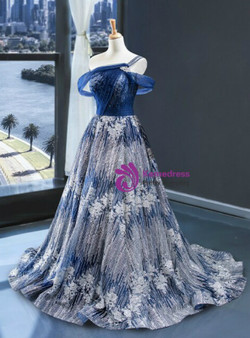 Princess Blue Ball Gown Silver Sequins Off the Shoulder Formal Prom Dress 2020