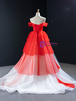 Elegance Red And White Tulle Off the Shoulder Pleats Beading Long Prom Dress 2020 Elegance Red And White Tulle Off the Shoulder Pleats Beading Long Prom Dress 2020