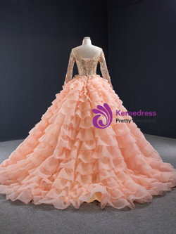 Marvelous Orange Ball Gown Tulle Tiers Long Sleeve Appliques Sweet 16 Prom Dress 2020