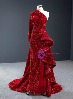 Fabulous Red Long Sleeve Backless High Neck Mermaid Sequins Pleats Prom Dress 2020