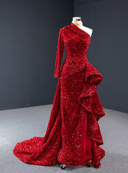 Fabulous Red Long Sleeve Backless High Neck Mermaid Sequins Pleats Prom Dress 2020