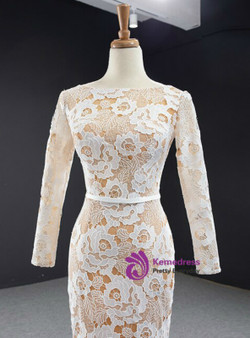 Sexy Champagne Mermaid Tulle Lace Flower Long Sleeve Prom Dress 2020