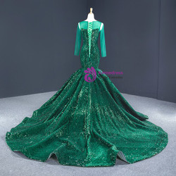 Stunning Dark Green Mermaid Sequins Long Sleeve Prom Dress With Train 2020