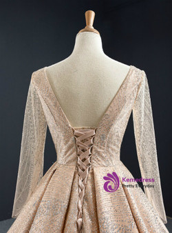 Brilliant Gold Ball Gown Tulle Sequins Long Sleeve Backless Floor Length Prom Dress 2020