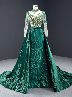 Wonderful Green Mermaid Velvet High Neck Long Sleeve Sequins Prom Dress With Removable Train 2020