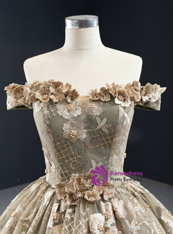 Khaki Ball Gown Off the Shoulder Tulle Embroidery Appliques Prom Dress 2020