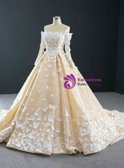 Gorgeous Champagne Ball Gown Tulle Off the Shoulder Butterfly Appliques Long Sleeve Prom Dress 2020