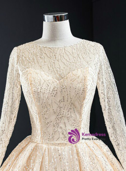 Pretty Champagne Ball Gown Tulle Sequins Long Sleeve Backless Prom Dress 2020