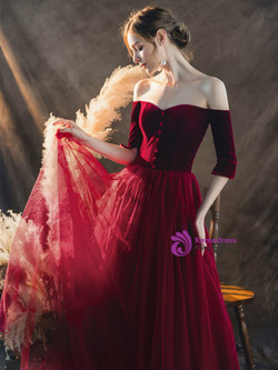 Fairy Tale Dark Burgundy Velvet Tulle Off the Shoulder Short Sleeve Long Prom Dress 2020