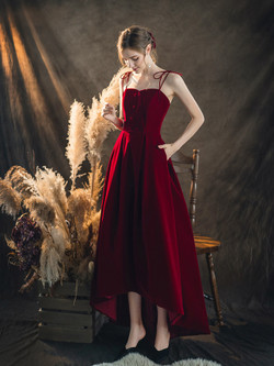 Dark Burgundy Velvet Spagehtti Straps Hi Lo Prom Dress With Pocket 2020 Dark Burgundy Velvet Spagehtti Straps Hi Lo Prom Dress With Pocket 2020
