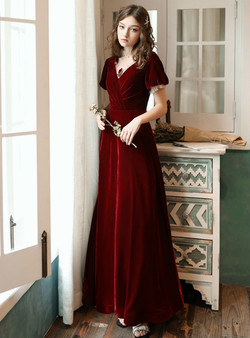 Modest Burgundy Velvet Short Sleeve Pleats Formal Prom Dress 2020