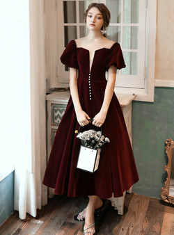 Sexy Burgundy See Through Puff Short Sleeve Short Prom Dress With Button 2020