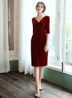 Winsome Burgundy Velvet V-neck Short Sleeve Short Prom Dress 2020