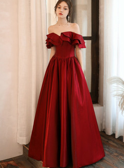Exquisite Burgundy Satin Off the Shoulder Ruffles Floor Length Prom Dress 2020