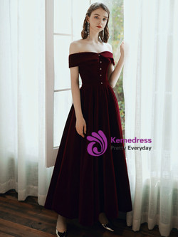 Alluring Burgundy Velvet Off the Shoulder Ankle Length Prom Dress 2020 Alluring Burgundy Velvet Off the Shoulder Ankle Length Prom Dress 2020
