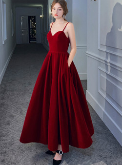 Burgundy Spagehtti Straps Backless Ankle Length Prom Dress With Pocket 2020