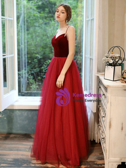 Noble Burgundy Velvet Tulle Spagehtti Straps Beading Long Prom Dress 2020