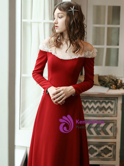 A-Line Burgundy Satin Off the Shoulder Long Sleeve Floor Length Prom Dress 2020