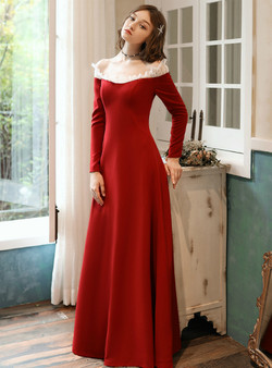 A-Line Burgundy Satin Off the Shoulder Long Sleeve Floor Length Prom Dress 2020