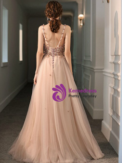 Sexy Pink V-neck Tulle Spaghetti Straps Appliques Beading Prom Dress 2020
