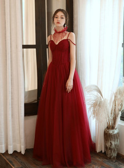 Fashionable Burgundy Tulle Spaghetti Straps Beading Long Prom Dress 2020