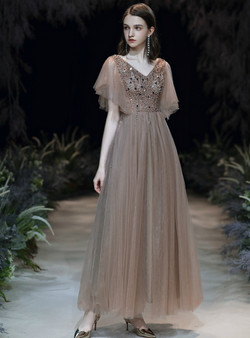 Fairy Tale Dark Champagne Tulle V-neck Beading Sequins Long Prom Dress 2020