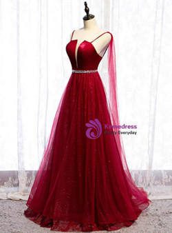 Dreamy Burgundy Tulle Saghetti Straps Backless Beading Floor Length Prom Dress 2020