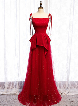 Delicate Red Tulle Spagehtti Straps Sequins Sleeveless Long Prom Dress 2020