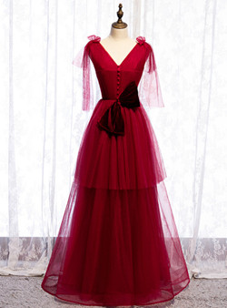 Stylish Burgundy Tulle V-neck Pleats Prom Dress With Bow 2020