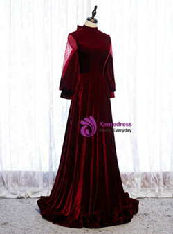 Wonderful Dark Burgundy Velvet High Neck Long Sleeve Long Prom Dress With Bow 2020
