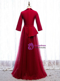 Pretty Burgundy Satin Tulle 3/4 Sleeve V-neck Long Prom Dress 2020