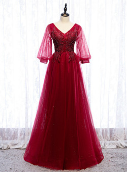 Charming Burgundy Tulle V-neck Puff Sleeve Prom Dress With Beading 2020