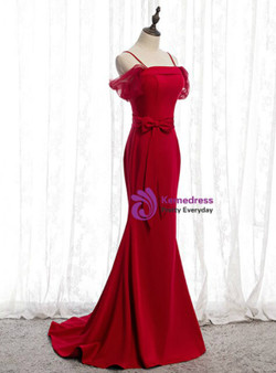 Sexy Burgundy Mermaid Satin Spagehtti Straps Long Prom Dress With Sash 2020