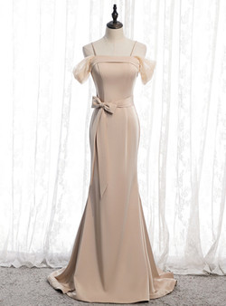 Simple Champagne Mermaid Satin Spagehtti Straps Long Prom Dress With Sash 2020