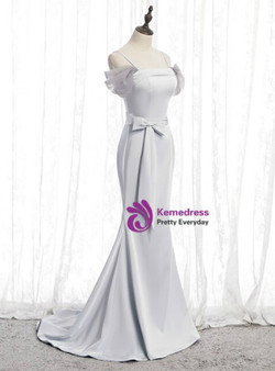 Marvelous Silver Gray Mermaid Satin Spagehtti Straps Prom Dress With Sash 2020