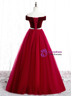 Amazing Burgundy Tulle Off the Shoulder Formal Prom Dress With Pearls 2020