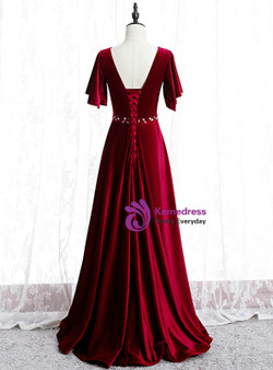 Unique Burgundy Velvet V-neck Beading Sequins Floor Length Prom Dress 2020