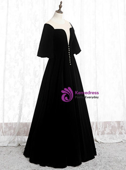 Black Velvet Horn Sleeve See Through Neck Floor Length Prom Dress 2020