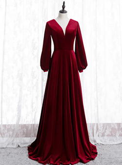 Simple Burgundy Velvet Deep V-neck Long Sleeve Floor Length Prom Dress 2020