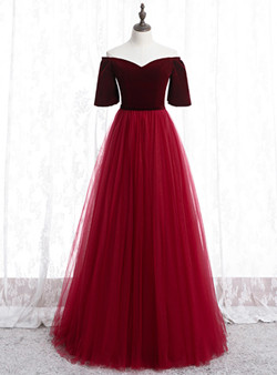 Marvelous Burgundy Tulle Velvet Off the Shoulder Short Sleeve Long Prom Dress 2020