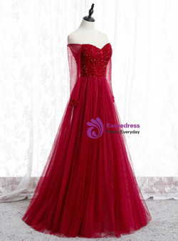 Elegance Burgundy Tulle Long Sleeve Backless Prom Dress With Sequins Beading 2020