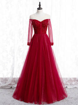 Elegance Burgundy Tulle Long Sleeve Backless Prom Dress With Sequins Beading 2020