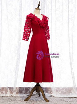 Modern Red Satin V-neck Short Sleeve Flower Prom Dress 2020